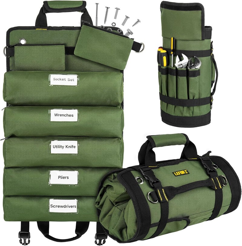 LEFORZ Tool Bag,Large Roll Up Tool Bag Organizer,13 Pockets Tool Roll Storage Pouch,Heavy Duty Portable Tool Storage Carrier Bag for Men,Mechanic,Electrician & Hobbyist,Green - Image 1